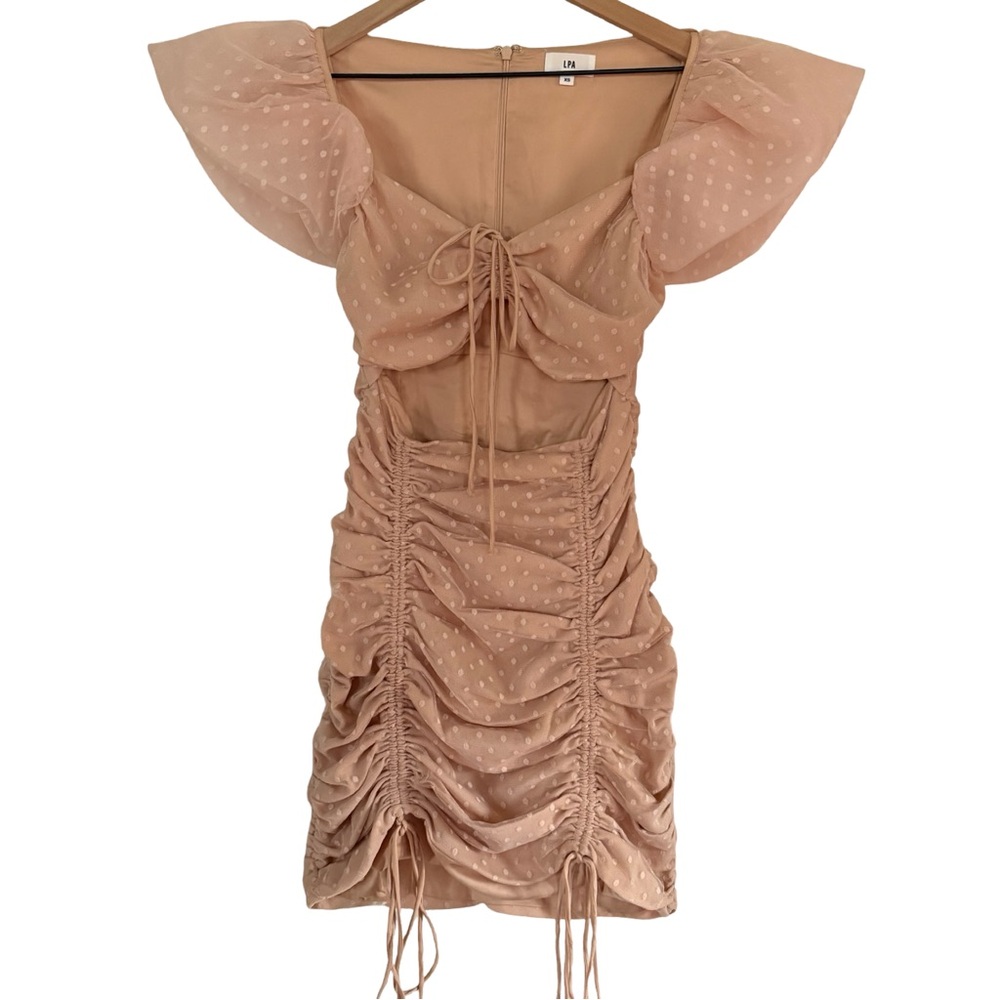 LPA Blush Pink Ruched Polka Dot Mini Dress XS Puff Sleeve Cutout Tie Front - Picture 2 of 6